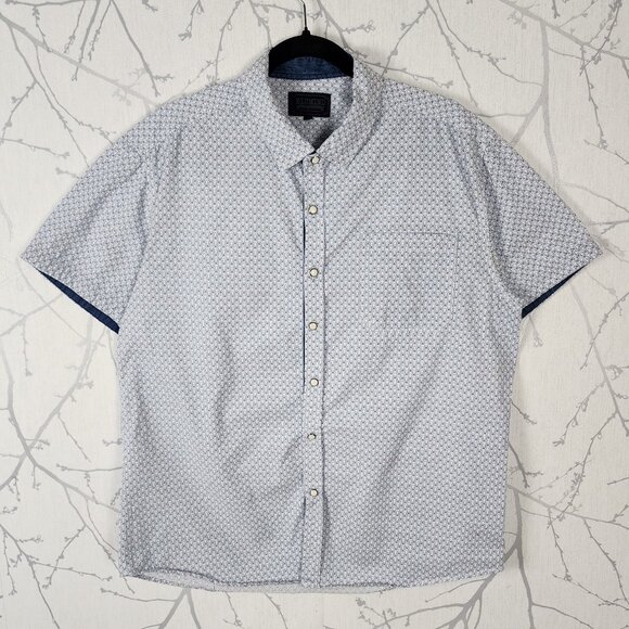 Blumind White Blue Geometric Print 100% Cotton Pearl Snap Shirt - Picture 1 of 5